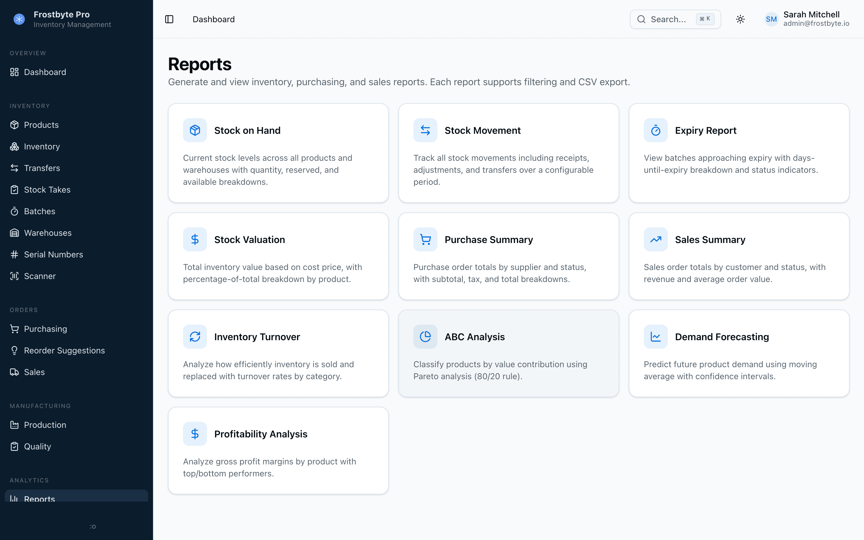 Frostbyte Pro Reports — stock on hand, movement, valuation, turnover, and forecasting reports